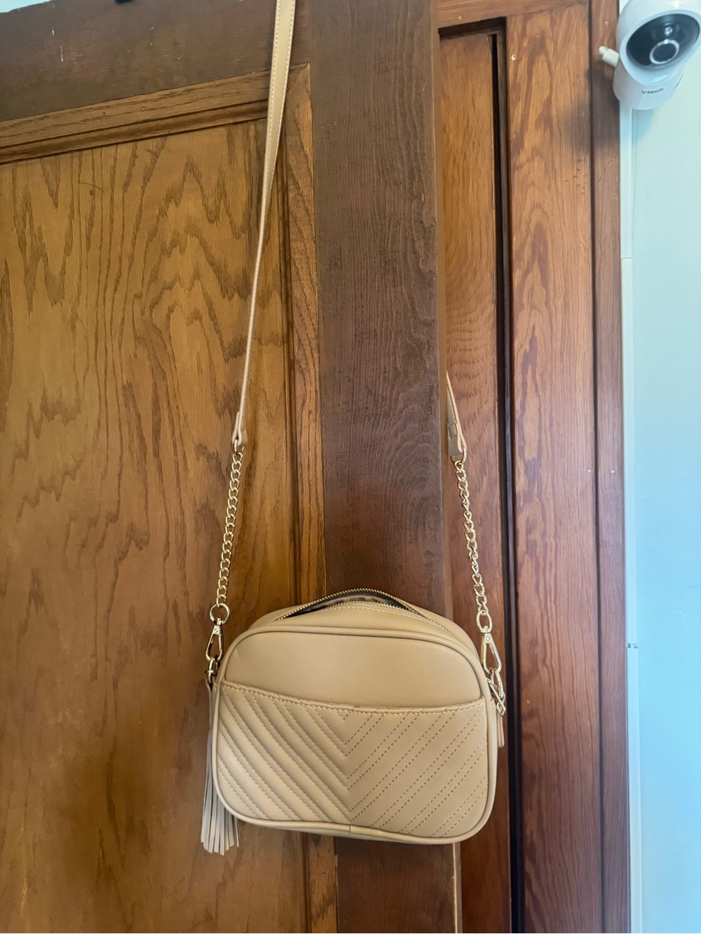 Amazon Beige Quilted Crossbody with Gold Chain Strap